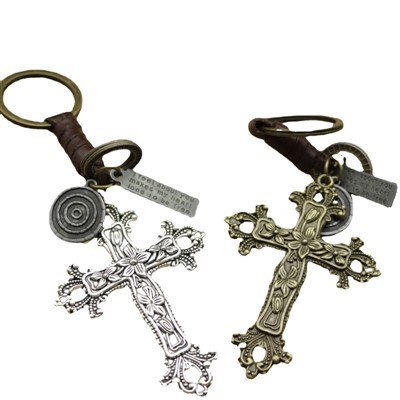 Llavero Cruz de Bronce|Regalo retro para hombre de cuero tejido