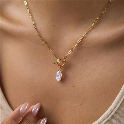 Collar de cadena con clip de palanca OT con circonita cúbica en forma de lágrima