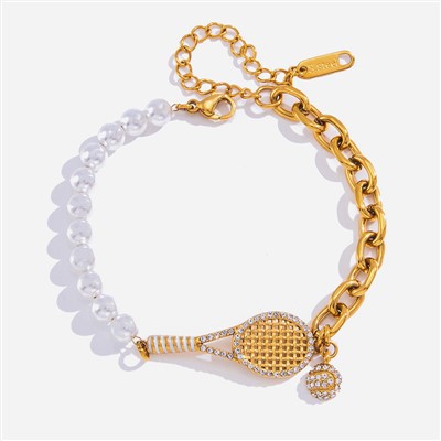 Pulsera con dijes de raqueta de tenis y circonitas