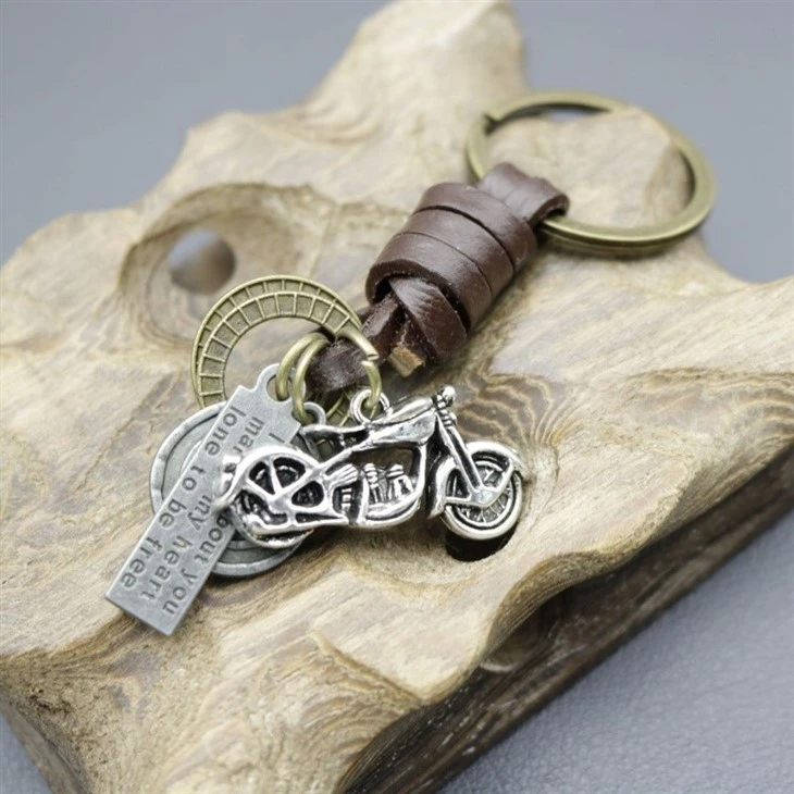 Steampunk Motorcycle Keychain | Braided Leather Bike Key Fob high quality